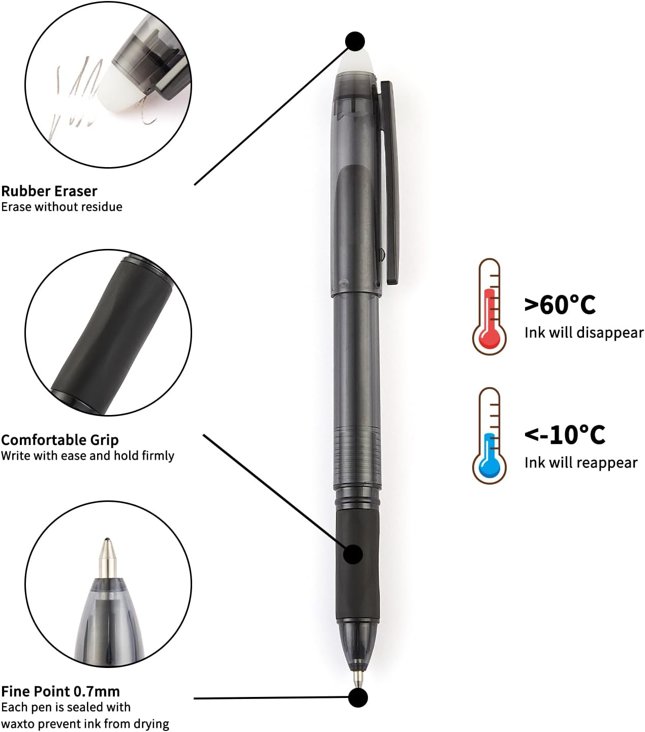 Volcanics Erasable Gel Pens, 0.7mm Fine Point Gel Erasable Ink with Eraser Cap- Rocket Book, Black, 36 Pack, Smooth Writing Pencil-Like Precision for Home School & Office