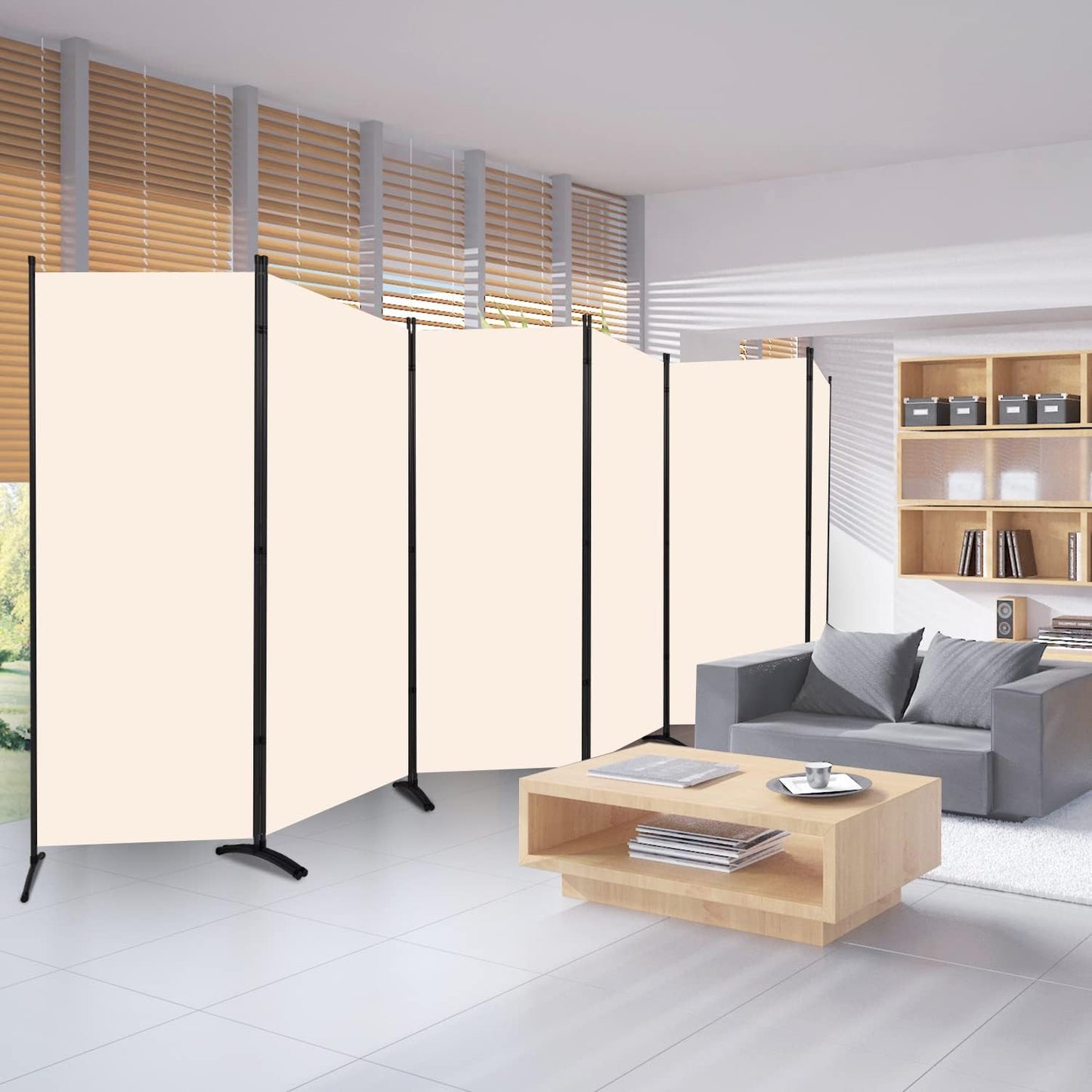 Room Divider 6FT Folding Privacy Screens, Partition Room Dividers w/Freestanding Design, Portable Wall Divider for Room Separtation, Fabric Screen Panel for Home Office Dorm (Beige, 6 Panel)