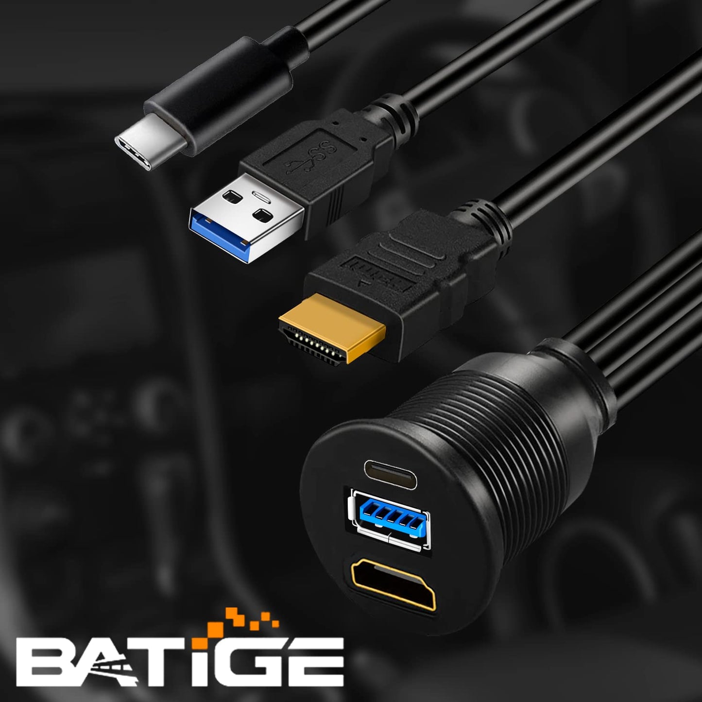 BATIGE USB 3.0 & Type C 3.1 & HDMI Male to Female Car USB C Flush Mount Extension Cable USB 3.0 Dash Mount for Car Truck Boat Motorcycle - 3ft