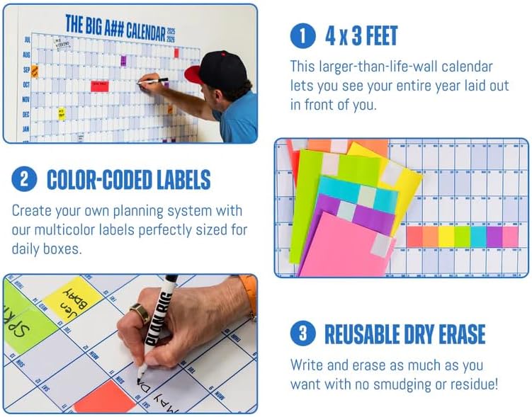 The Big A## Calendar Mid-Year Wall Planner – July to June Dry-Erase – Includes 1 Marker & 100 Labels – Lightweight, Easy to Hang Yearly Planner – Plan Goals & Adventures – Blue, 4’x3’