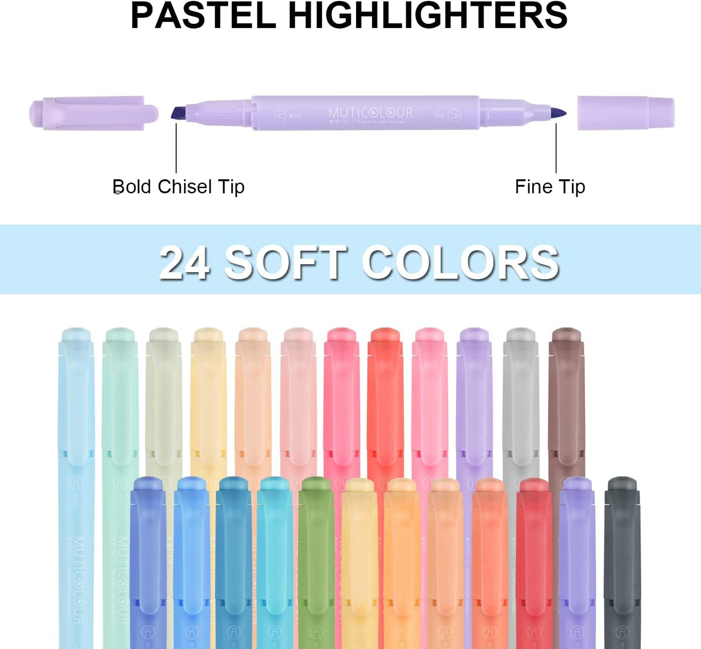 YOOUSOO Pastel Highlighters, 24 Pack, Dual Tip, Assorted Colors, Fast Dry, Highlighter Pastel, Set, Bible Journaling Highlighter, Marker, Colored School Supplies