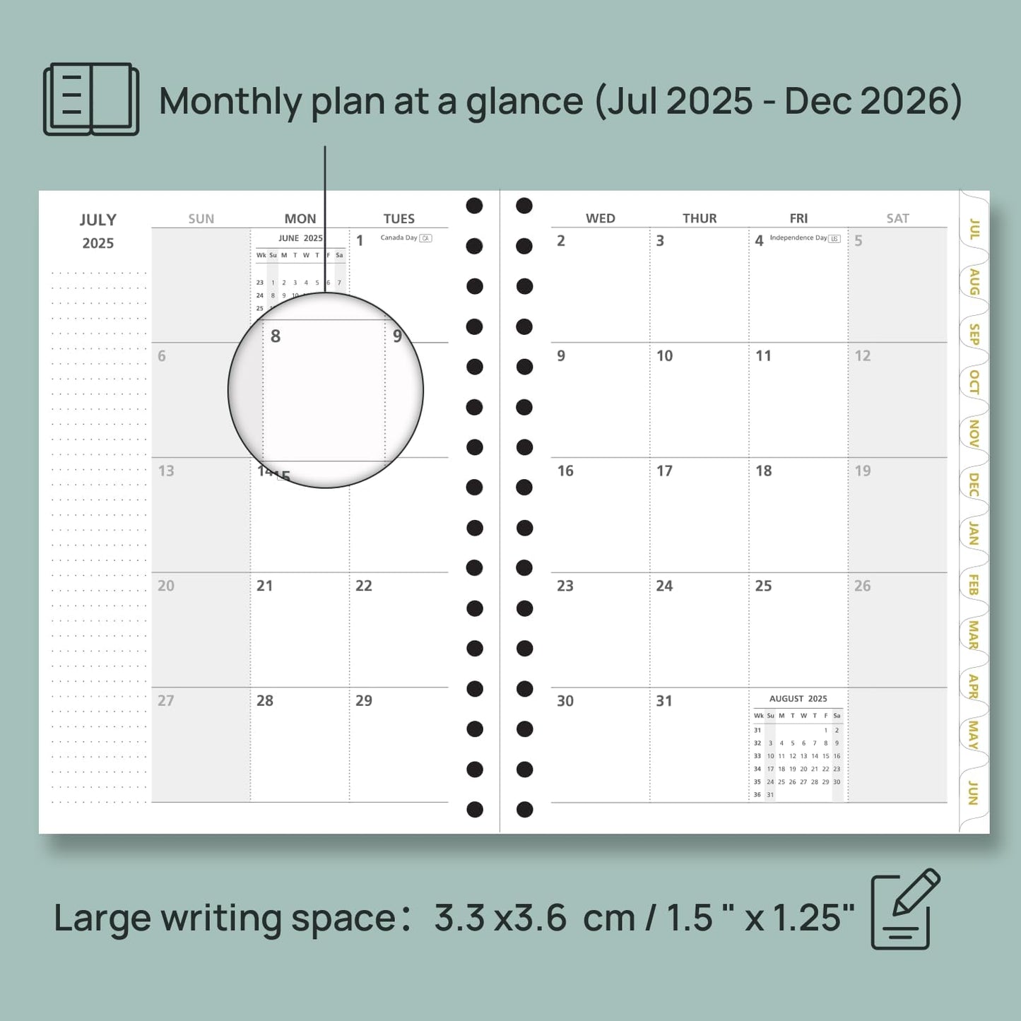 POPRUN Monthly Planner 2025-2026 Spiral Hardcover (6.25'' x 8.5''), 18 Months Calendar (Jul.2025 - Dec.2026)- 2 Pages per Month with Dotted Note Pages, Sunday Start, Laminated Tab - Midnight Green