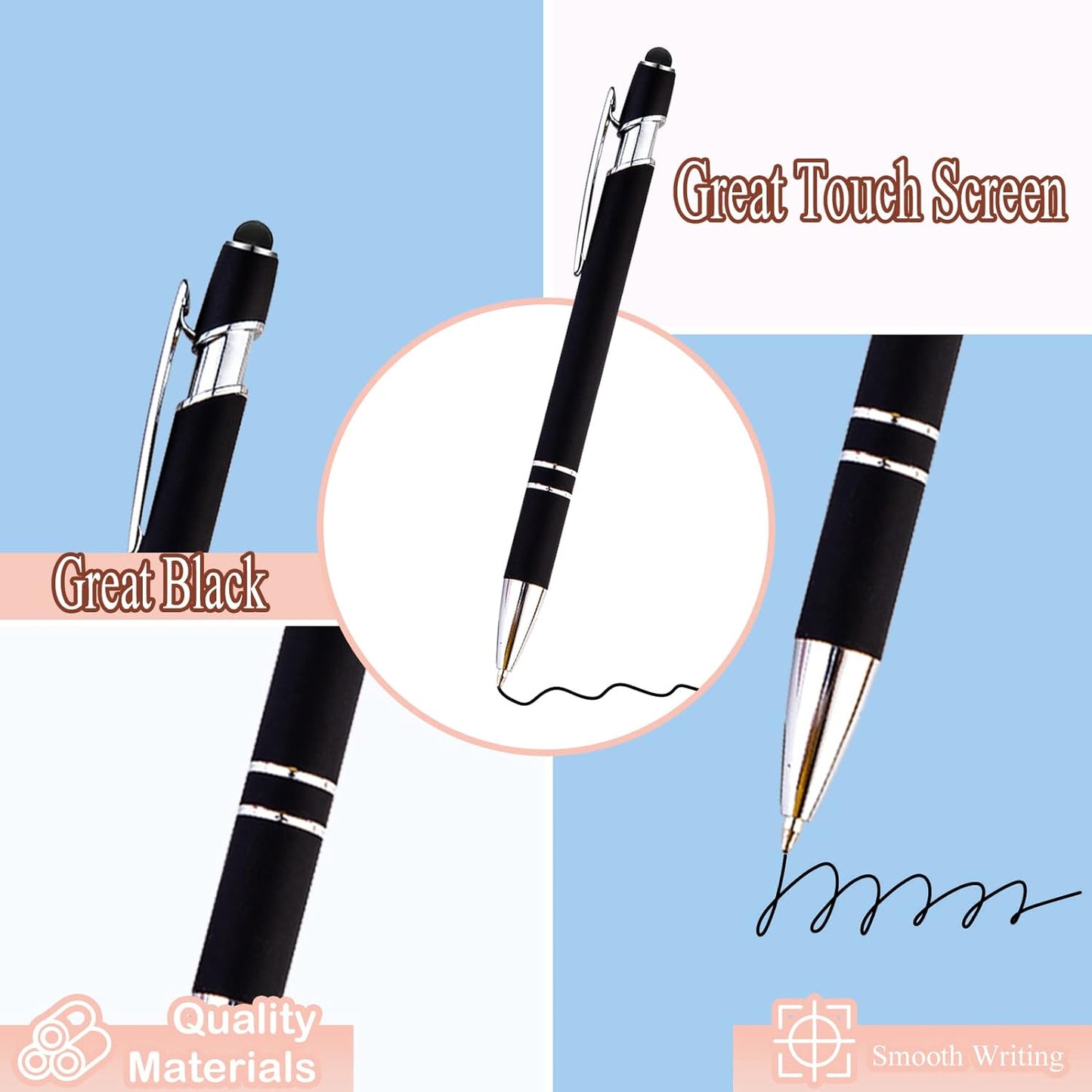 PASISIBICK 12 Pieces Black Ballpoint Pen with Stylus Tip, 2 in 1 Stylus Pen, Premium Metal Stylus Pen for Touch Screens, Black Ink, 1.0 mm Medium Point(12 Black)
