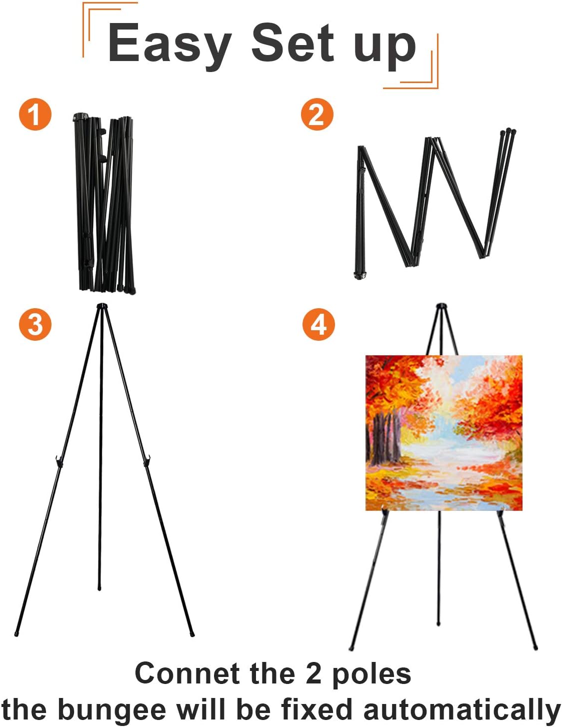63" Folding Easel Stand for Display,Adjustable Floor Poster Easel for Arts,Pictures,Paintings,Telescoping Black Metal Easel Fit for Signs at Exhibition,Lobby,Holds 5lbs,6Pack