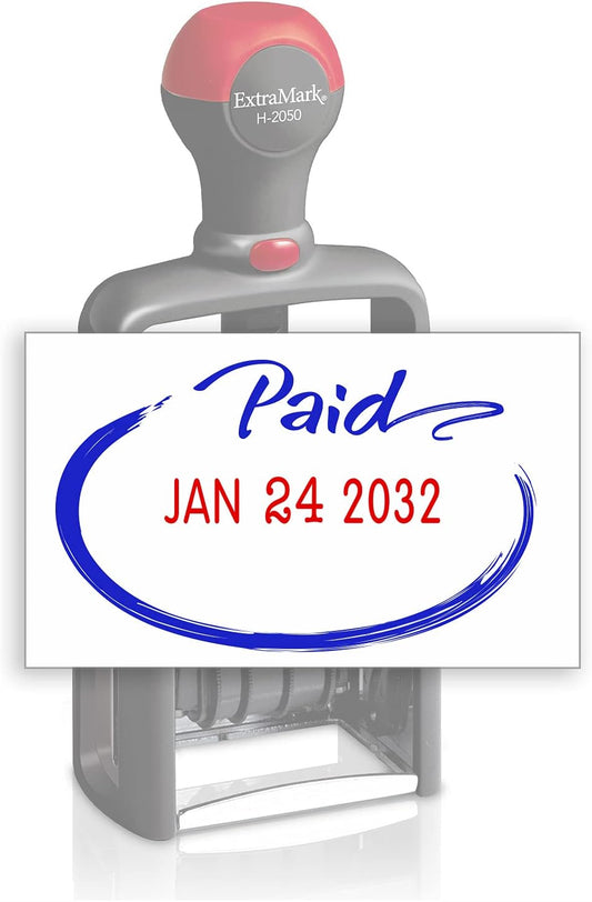 Heavy Duty Style Office Date Stamp with Paid - Self Inking Dater - Style C - Blue & Red Ink Color
