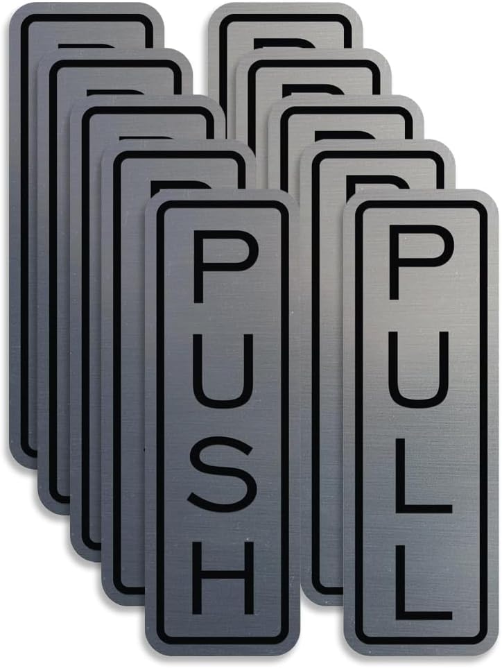 All Quality Classic Vertical Push Pull Door Signs - Great for Glass Doors | Professional Looking Signs | Easy Installation Includes Double-Sided Foam Adhesive Tape (Brushed Silver) - Small (5 Pack)
