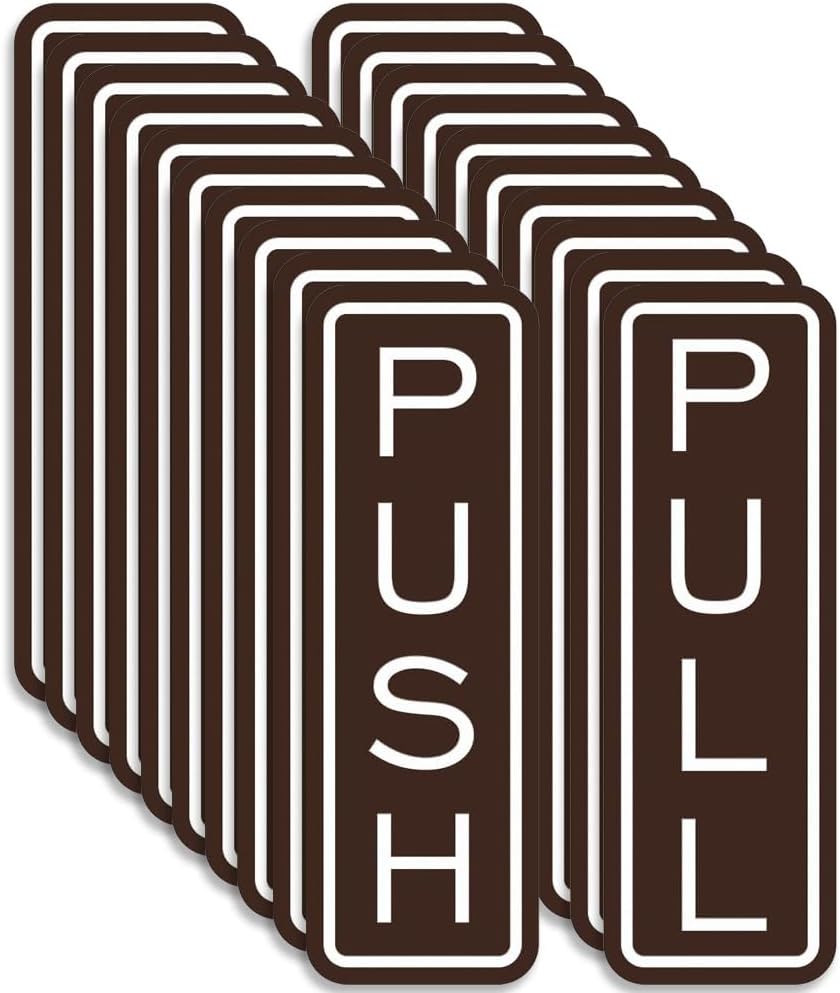 All Quality Classic Vertical Push Pull Door Signs - Great for Glass Doors | Professional Looking Signs | Easy Installation Includes Double-Sided Foam Adhesive Tape (Dark Brown) - Large (10 Pack)