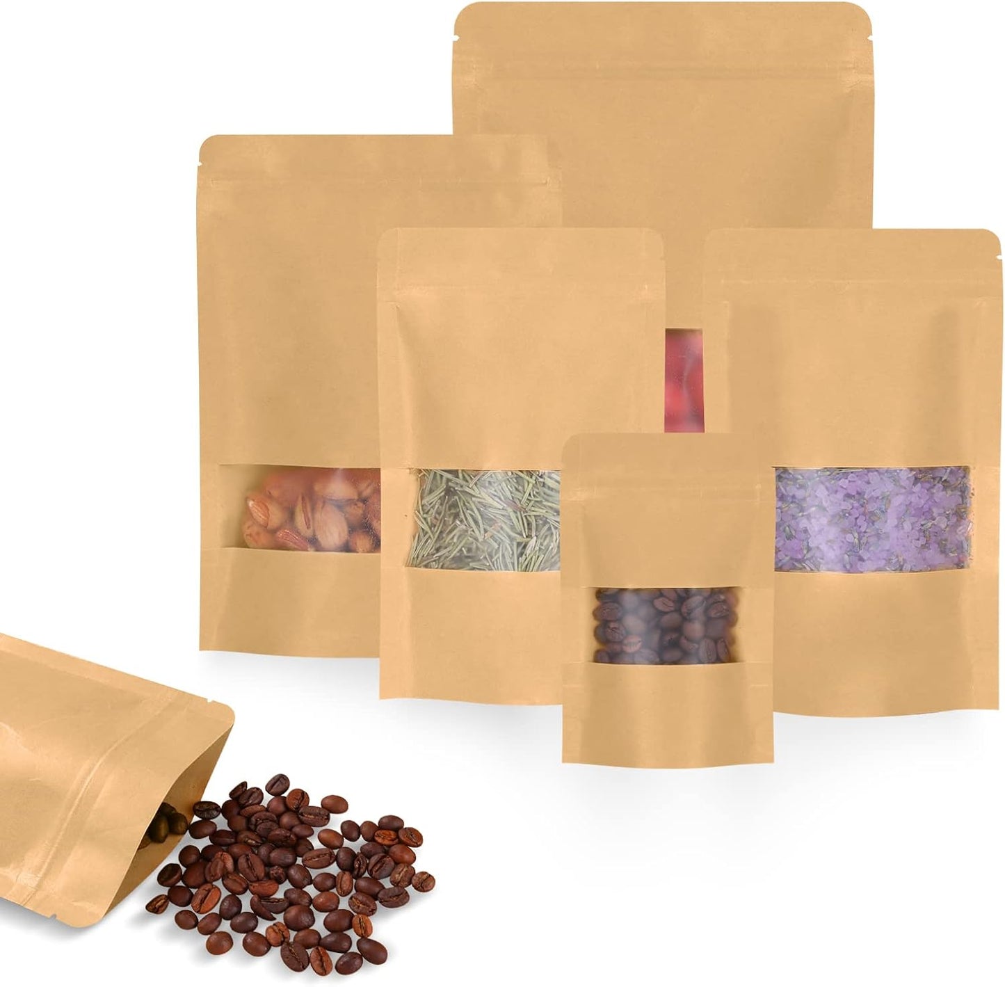 50pcs Kraft Bags with Window 3.5x5.5 Inches Brown Reusable Sealable Zip Lock Food Storage Stand up Paper Pouches for Home or Business