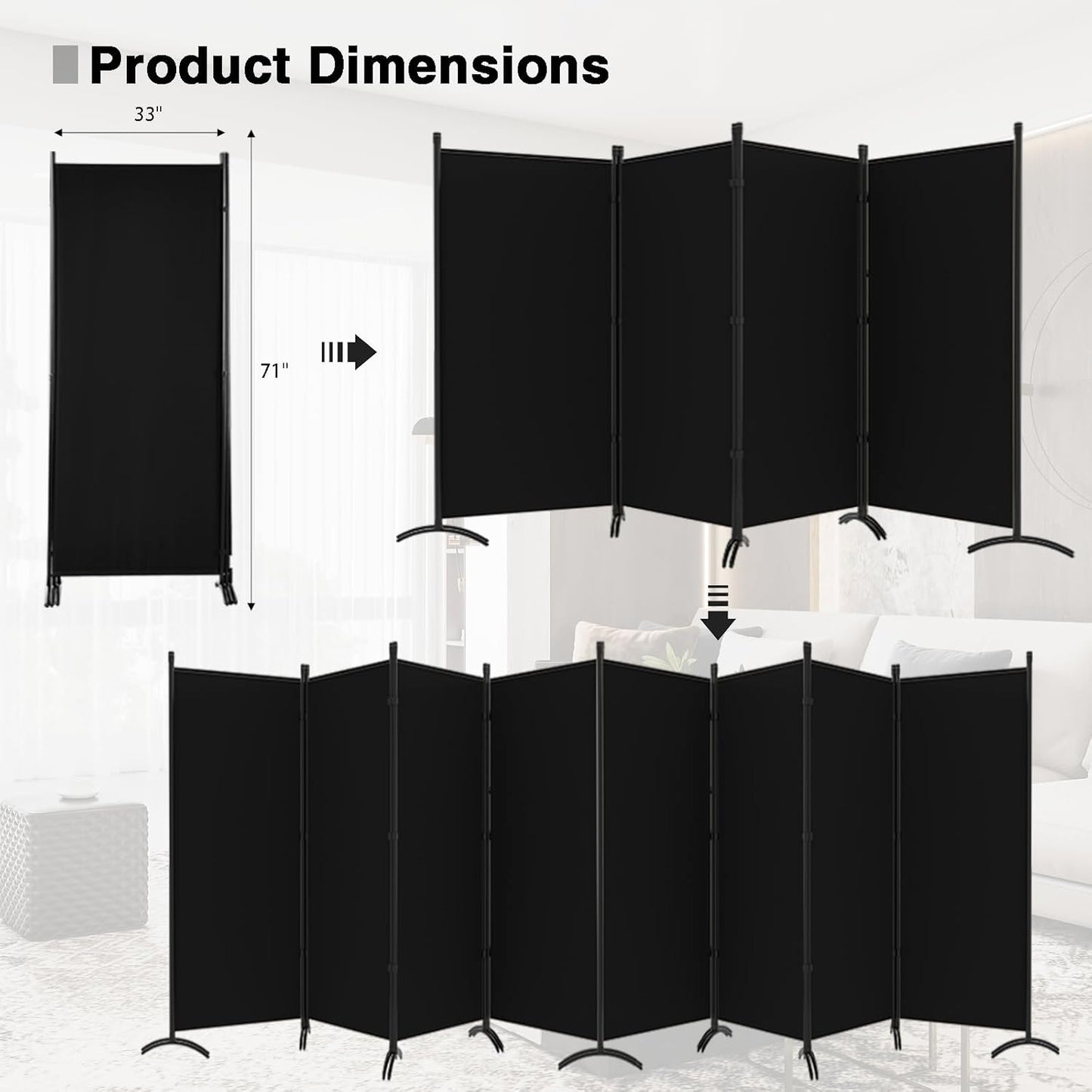 Room Divider-Folding Privacy Screens, 6 ft Partition Room Dividers Wall for Separation, Home, Office, Classroom, Studio (Black, 8 Panel)