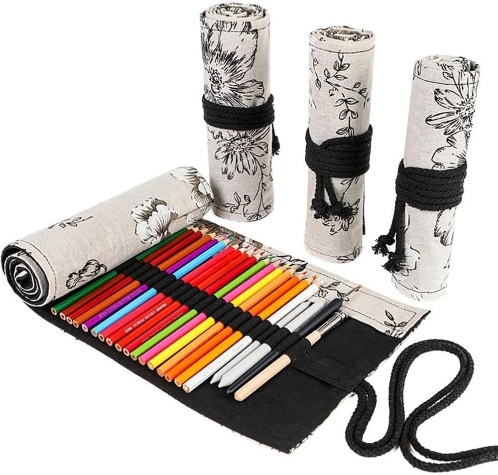 DIYOMR 12/24/36/72 Slots Pencil Wrap Pencil Rolls, Artist Colored Pencil Roll Up Bag Short Brush Pouch Case Pencils Organizer for Drawing Coloring and Sketching, No Pencils (Peony Flower, 12slots)