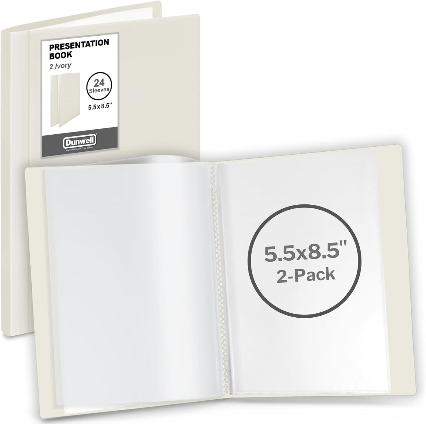 Dunwell Small Binders with Sleeves - Presentation Books 5.5x8.5 (2-Pack, Ivory), 24-Pockets, Displays 48 Half Size Pages or 5.5 x 8.5 Mini Booklets, Acid-Free Archival Quality