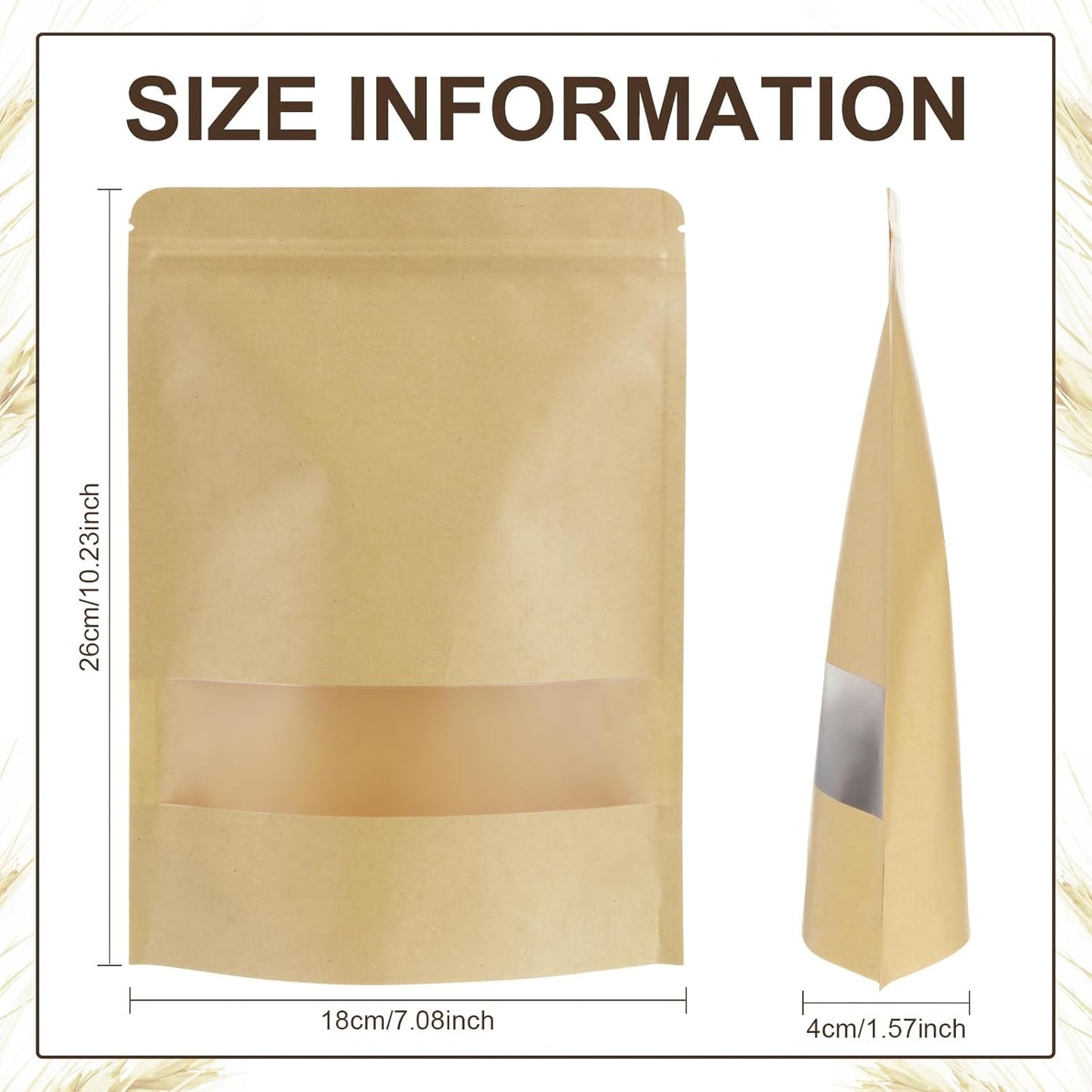 Geosar 300 Pcs Kraft Bags with Window 7 x 10 Inch Kraft Stand Pouches Bulk Zipper Paper Pouches Food Storage Reusable Heat Sealable Bags for Packaging Home Office Business