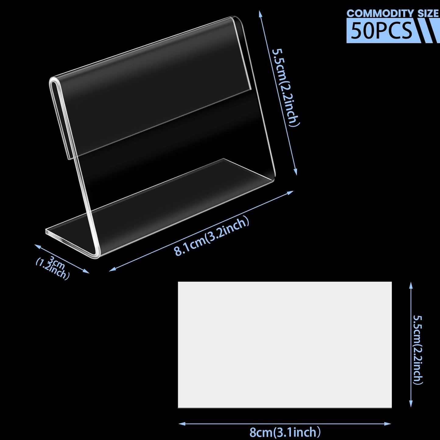 BILLIOTEAM 50pack Mini Clear Sign Display Holder with Blank Labels,3.2*2.2 Inch Horizontal Slanted L-Shape Plastic Name Card Price Card Tag Label Counter Top Stand