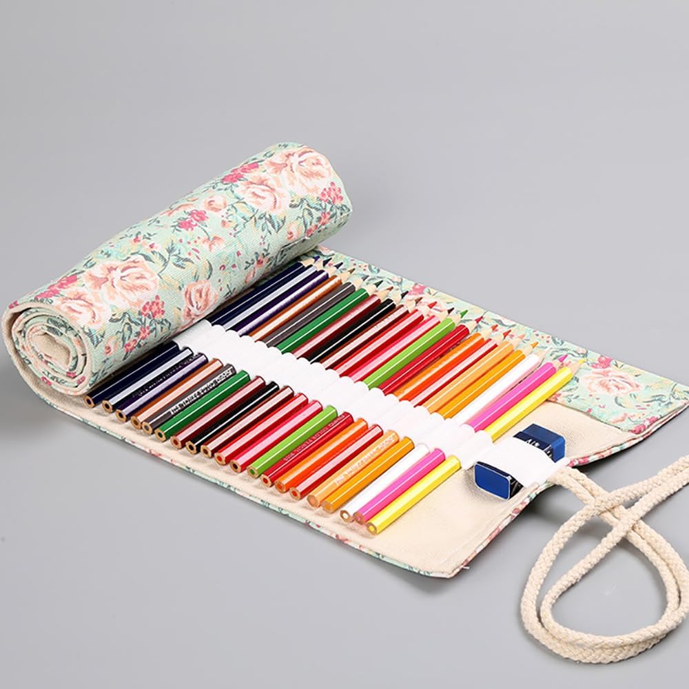 DIYOMR 24/36/72 Slots Pencil Wrap Pencil Rolls, Artist Colored Pencils Roll Up Bag Short Brushes Pouch Case Pencils Organizer for Drawing Coloring and Sketching (Small Floral, 36slots)