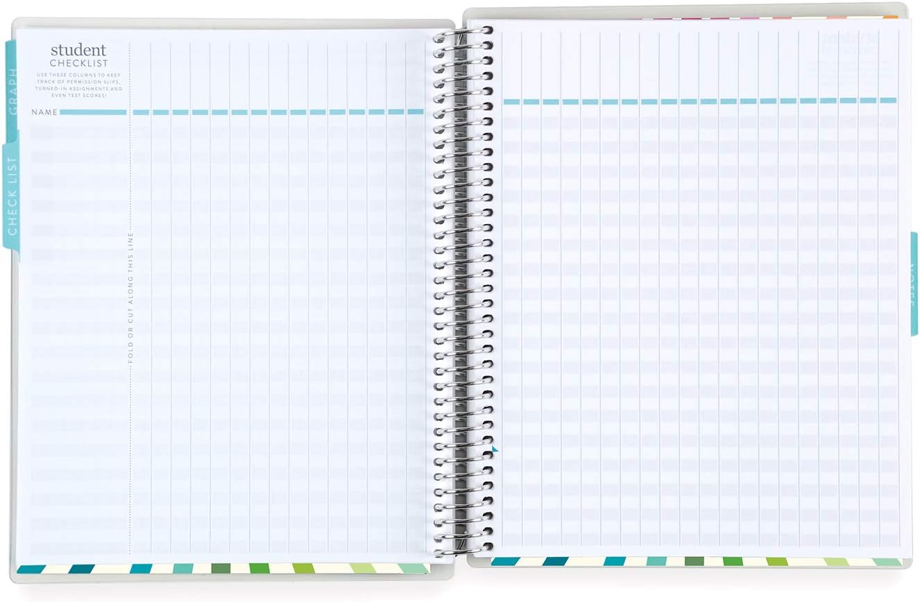 Erin Condren Spiral Teacher Record Book 7" x 9" Platinum-Coiled Notebook with 160 Pages, Colorful Tabbed Sections, Sturdy Laminated Cover, Designed for Tracking Grades, Rainbow Heart