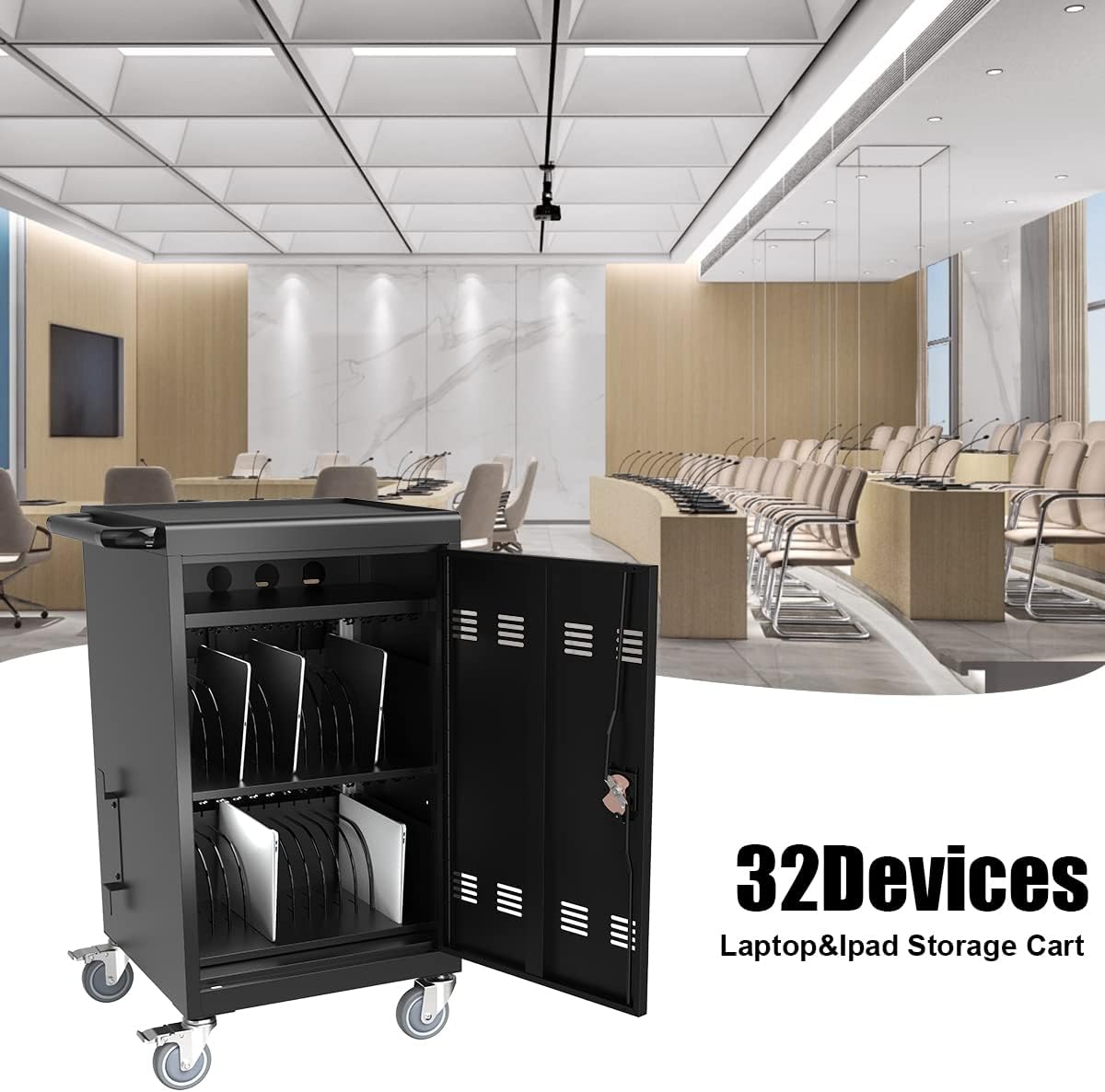 32 Device Mobile Charging Station for Laptops/Tablets/iPads/Chromebooks,32 Bay Lockable Charging Cabinet with Cable Management & Power Strip, Laptop & Tablet Storage Carts,Easy Assembly