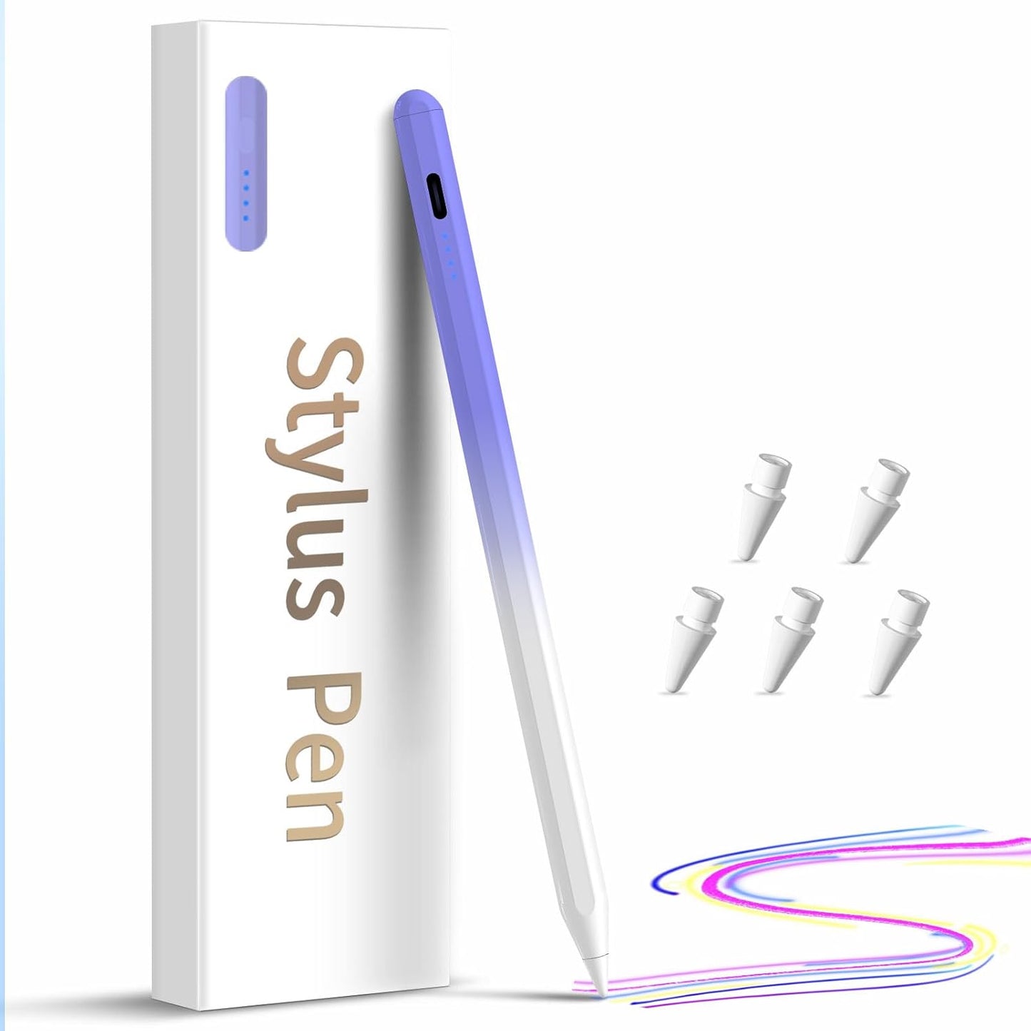 Stylus Pen for iPad,(2018-2025) Fast Charge with Tilt Sensitivity & Palm Rejection iPad Pro 11"/12.9", iPad mini 5/6, iPad Air 3/4/5, 6/7/8/9/10 (White Purple)