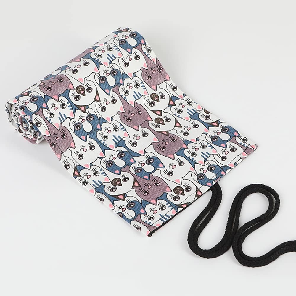 DIYOMR 24/36/72 Slots Pencil Wrap Pencil Rolls, Artist Colored Pencils Roll Up Bag Short Brushes Pouch Case Pencils Organizer for Drawing Coloring and Sketching (Big Headed Cat, 36slots)