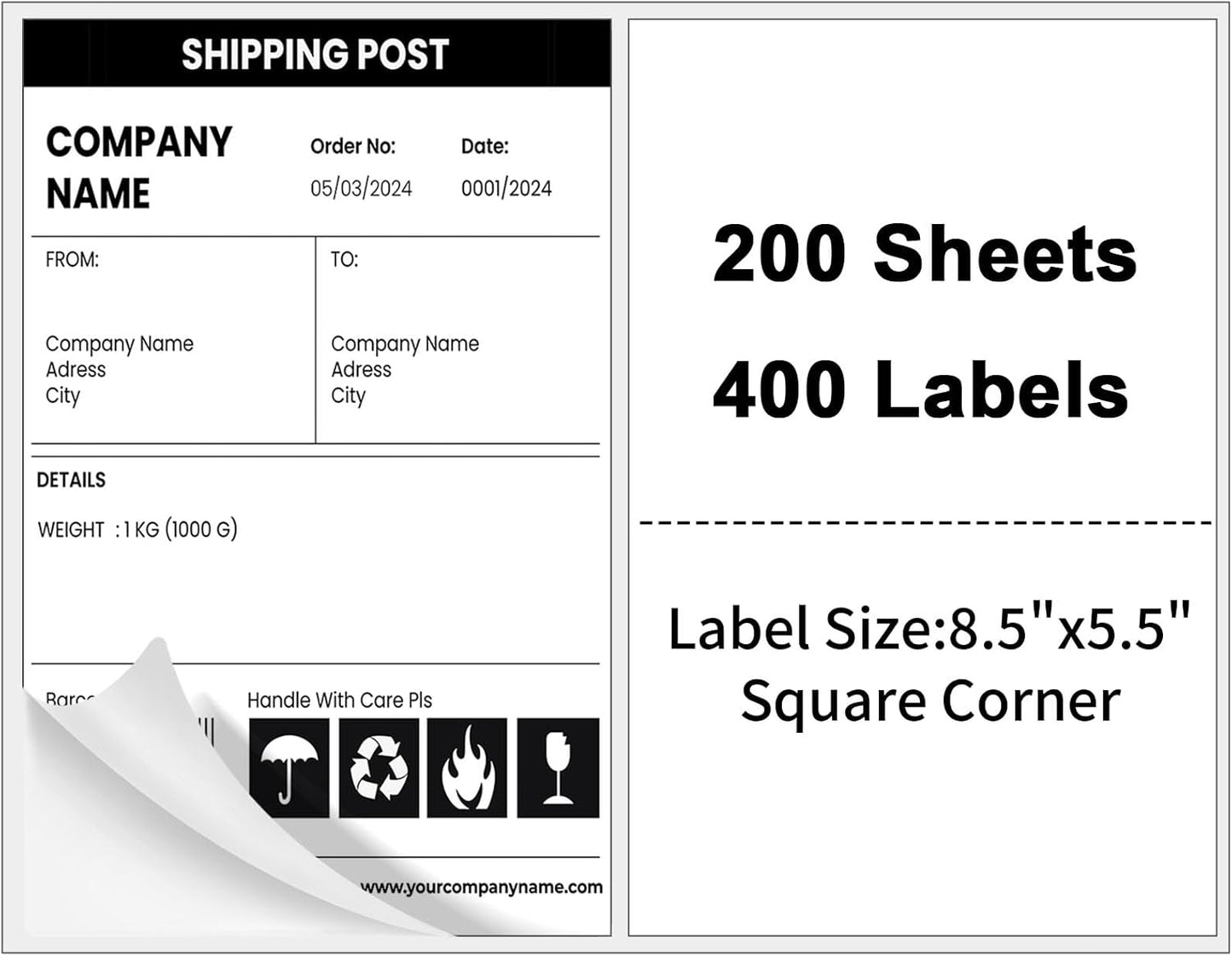 Half Sheet Shipping Labels,Self Adhesive Mailing Labels for Laser & Inkjet Printers,White 8.5x5.5 Half Page Label,200 Sheets