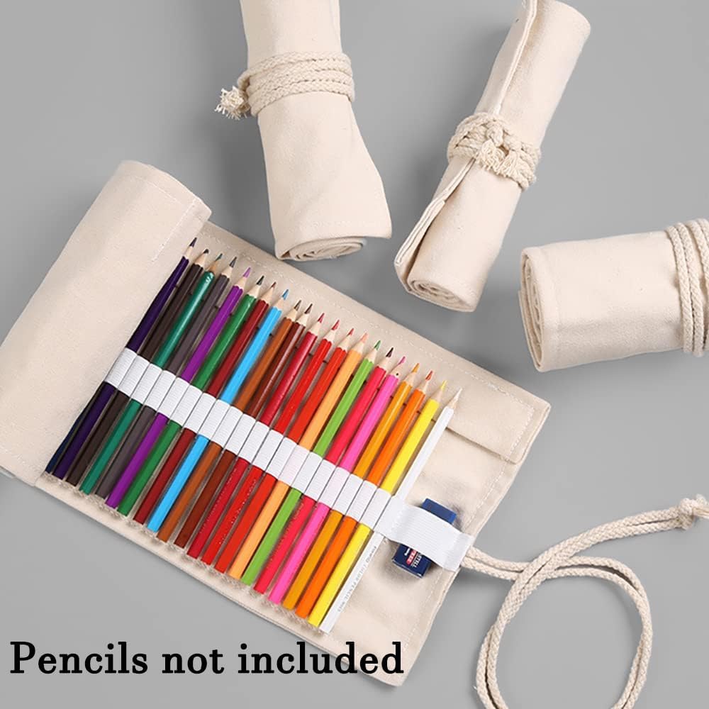 DIYOMR 24/36/72 Slots Pencil Wrap Pencil Rolls, Artist Colored Pencils Roll Up Bag Short Brushes Pouch Case Pencils Organizer for Drawing Coloring and Sketching (White, 24slots)
