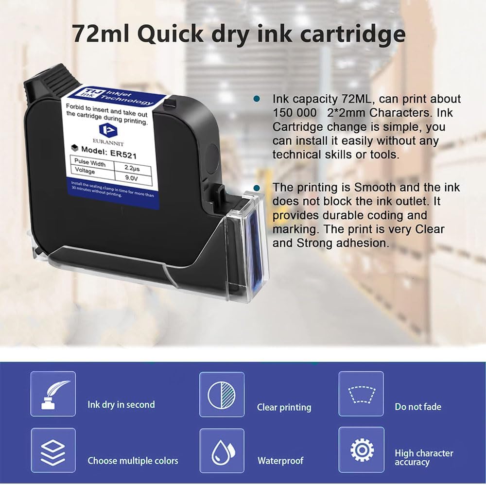 Original Black Ink Cartridge 1inch, 72ml Quick Dry Solvent Ink Replacement for 260E Automatic Inkjet Coding Machine
