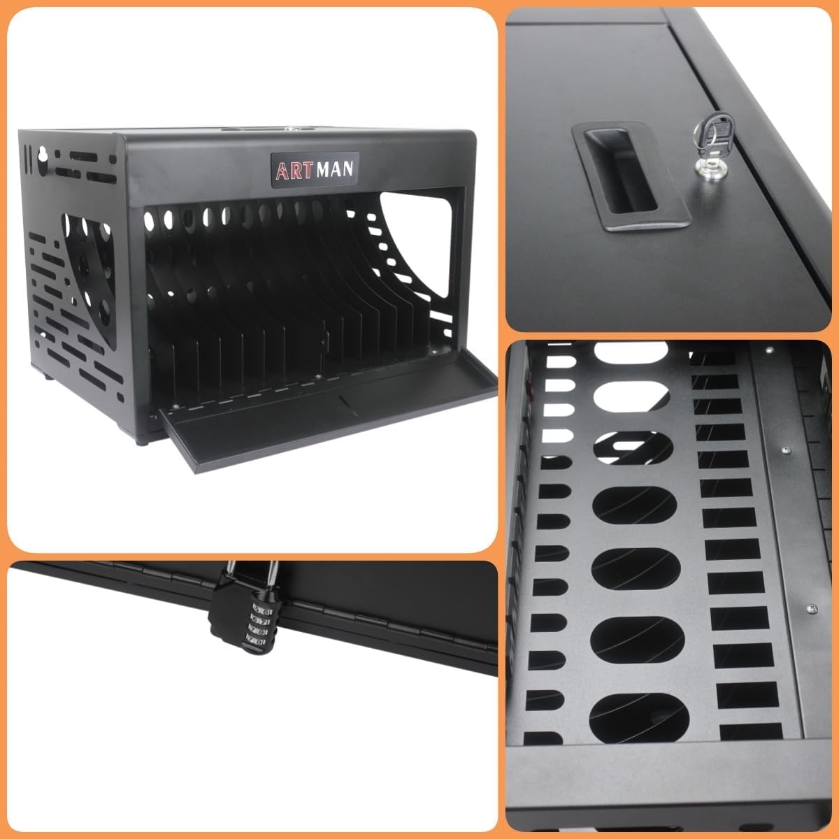 16 Device Charging Station for Laptops/Tablets/iPads/Chromebooks,16 Bay Wall-Mount Lockable Charging Cabinet with Cable Management & Power Organization,Fully Assembled Storage Cart(16 Bay-Black)