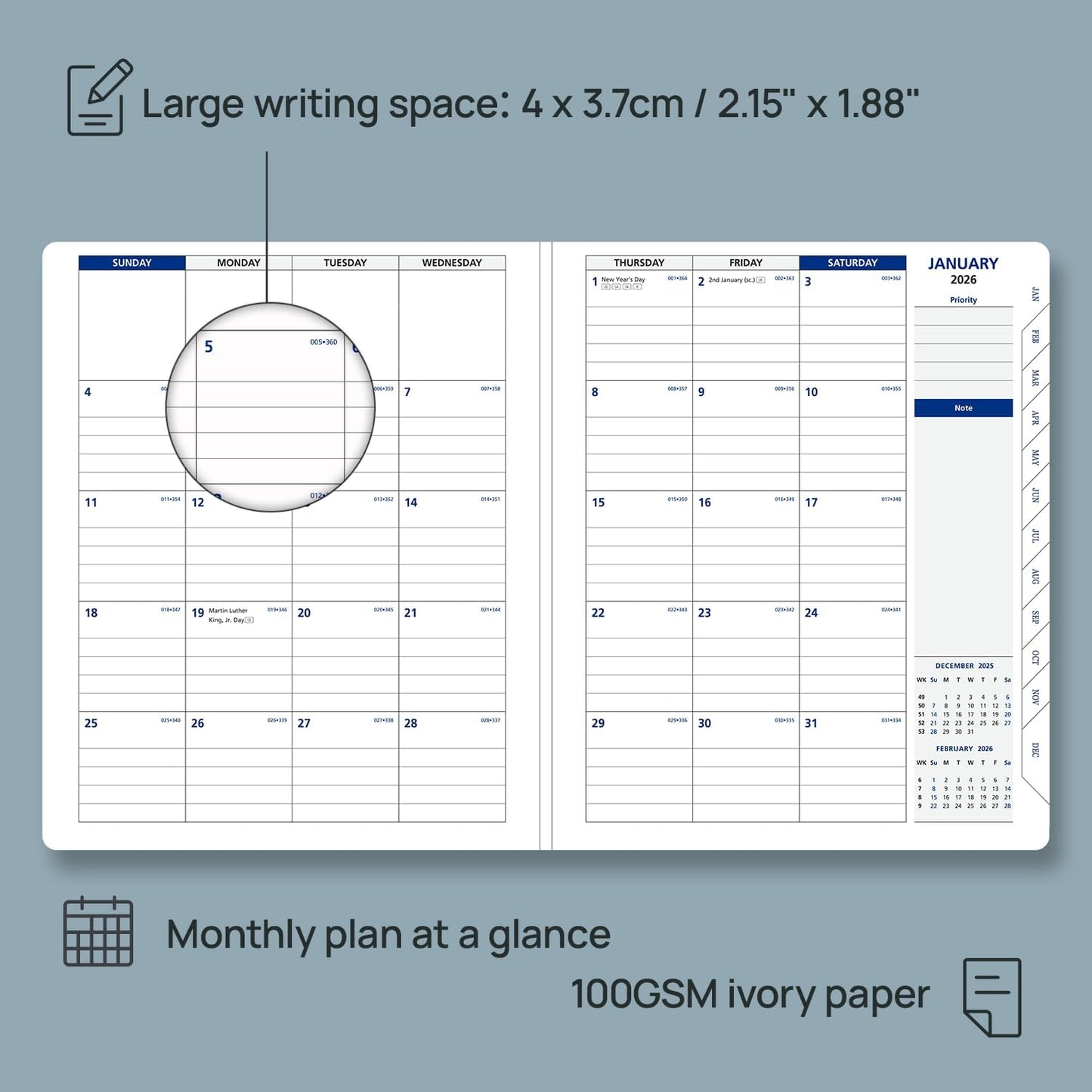 POPRUN 2026 Weekly Planner (Medium 7'' x 8.5''), 30-Minute Hourly Appointment Book (Jan 2026-Dec 2026) with Monthly Tabs, Inner Pockets, Pen Holder, PU Leather Softcover, 100GSM - Night Sky Navy Blue