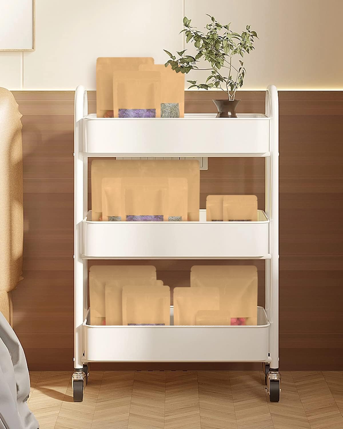 50pcs Kraft Bags with Window 5.9x8.6 Inches Brown Reusable Sealable Zip Lock Food Storage Stand up Paper Pouches for Home or Business