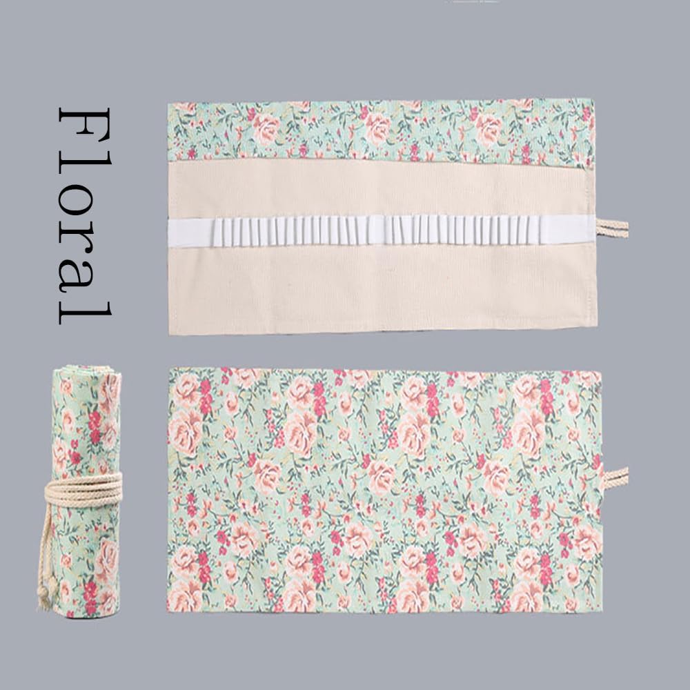 DIYOMR 24/36/72 Slots Pencil Wrap Pencil Rolls, Artist Colored Pencils Roll Up Bag Short Brushes Pouch Case Pencils Organizer for Drawing Coloring and Sketching (Small Floral, 36slots)