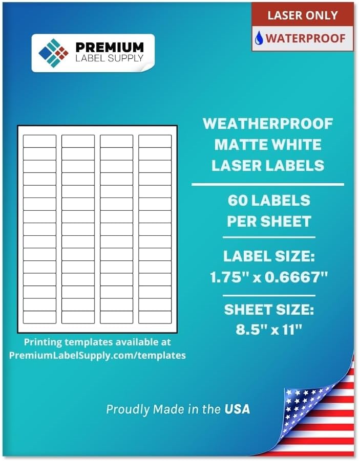 Premium Label Supply Waterproof White Return Address Sticker Labels – 1.75" x 0.667" – Laser Printers Only – (60 per Sheet), 25 Sheets - 1,500 Total Adhesive Labels
