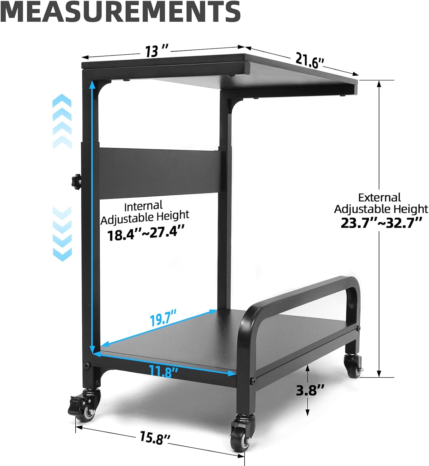 Computer Tower Stand Adjustable, Large for Full Tower with Guard Rail, Metal Wheels, 2-Tier Design, PC Tower Stand for Floor, CPU Holder Cart for ATX, E-ATX, ITX 32.7" X 21.6" X 15.8"