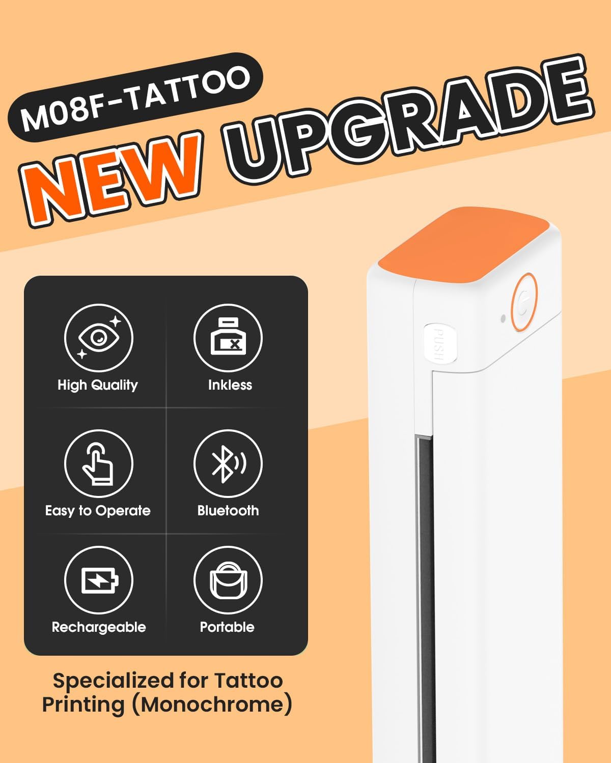 Phomemo Tattoo Stencil Printer, M08F Wireless Thermal Tattoo Printer with 10pcs Transfer Paper, Compatible with Phone/Tablet/PC, Tattoo Supplies for Tattoo Artists & Beginners, White & Orange