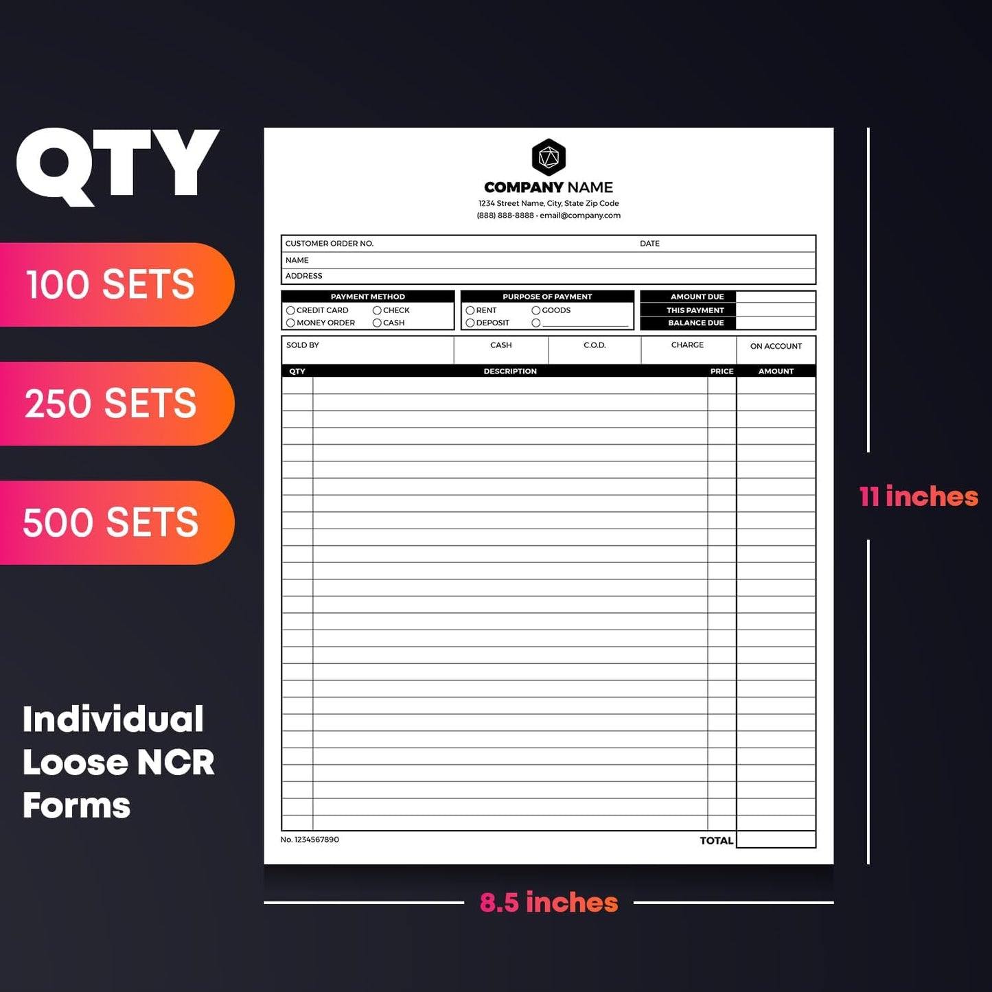 Custom Print 8.5" x 11" Carbonless NCR Forms for Printing Business and Company Invoices, Receipts, Work Orders, Sales Orders, Purchase Orders, Estimates and Quotes - Loose Sheets (2-Part, 100)