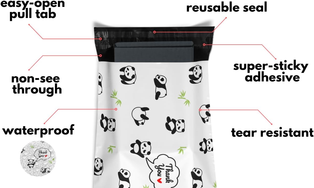 Poly Mailers 10x13 100 Pack | Self-Sealing Shipping Bags Envelopes for Small Business | Waterproof Durable Packaging | Thank You | Panda Animal Love Cute | à la mode Mailers