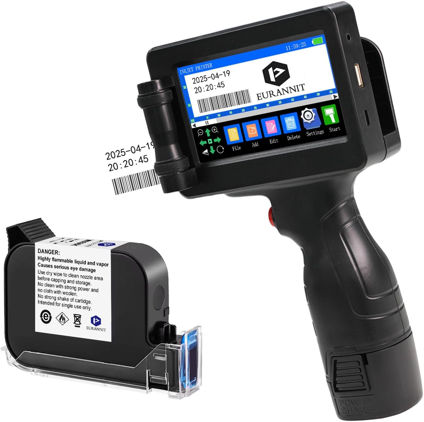 Handheld Inkjet Printer E55 with W6900K Fast-Drying Ink Cartridge, Portable Handheld Printer Gun 0.5 Inch Nozzle for Serial Numbers Logo DIY QRCode barcodes, Print on Carton Plastic Metal