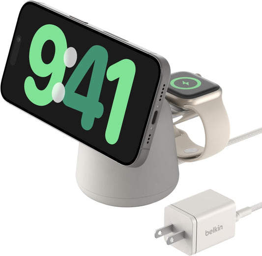 Belkin 2-in-1 MagSafe Wireless Charging Dock 15W Fast Charge iPhone Charger Compatible with iPhone 17, 16, 15, and 14 Series, AirPods, Pixel 10, and Other MagSafe Enabled Devices, PSU Included - Sand
