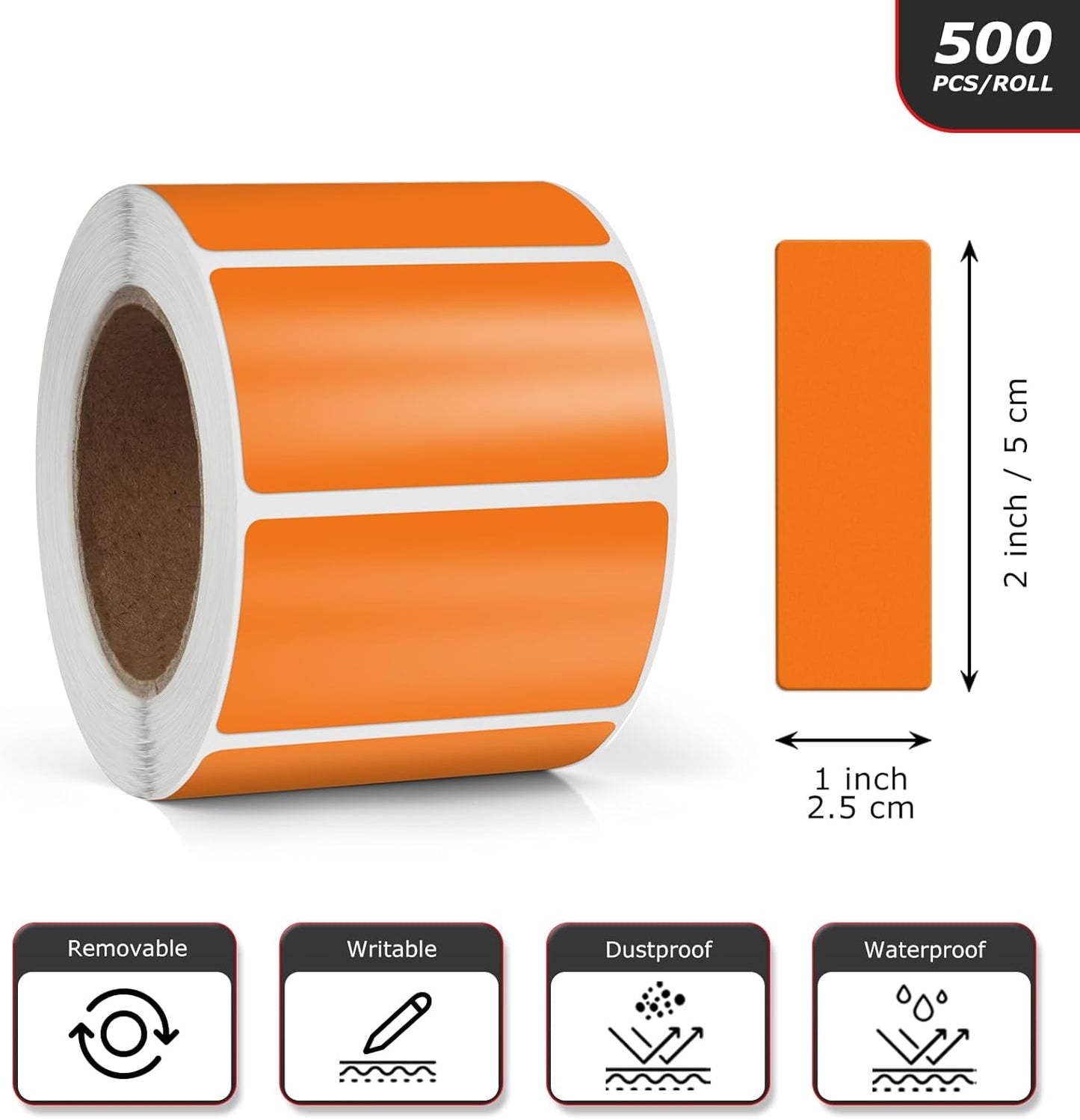Orange Rectangle Stickers 2 x 1 Inch Color Coding Labels Vinyl Roll Self-Adhesive Waterproof Removable 500 PCS