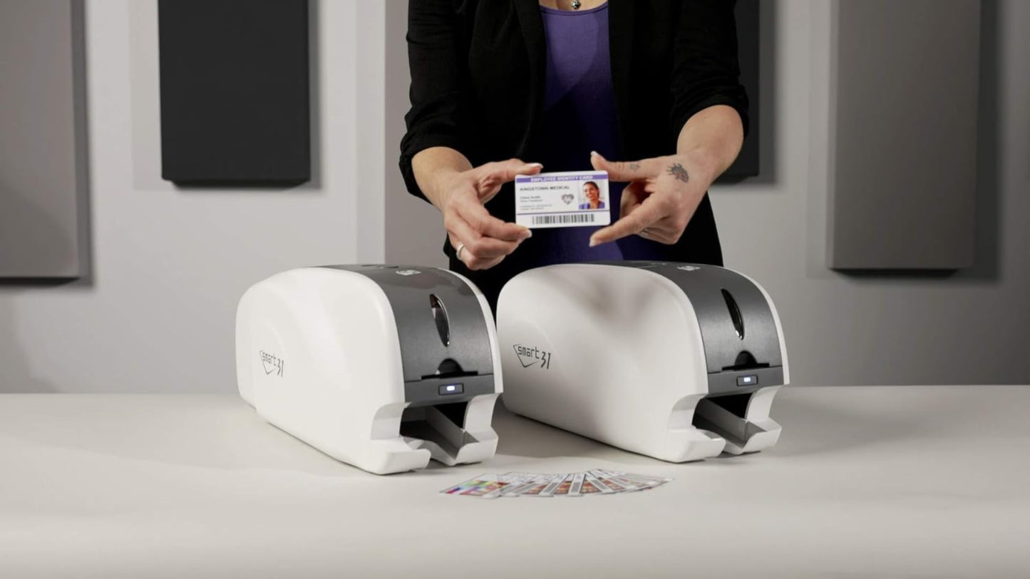 IDP SMART-31 Series ID Card Duplex Printer Bundle with USB Camera, Software, Manual and Guides - Includes 200-Print YMCKOK Color Ribbon and 100 PVC Plastic Cards - Now with SMARTMark Security