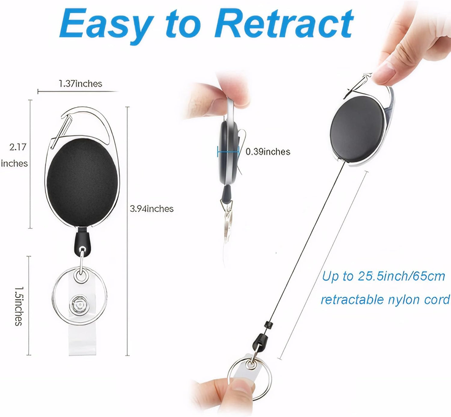 5 Pack Heavy-Duty Retractable Badge Holders with Carabiner Clip and Key Ring, Black ID Badge Reel for Office, ID Card Holder and Key Chain
