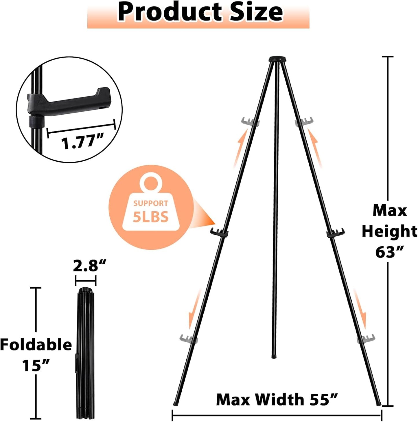 Instant Display Easel Stand & 63" Portable Artist Floor Easels - Easy Folding Telescoping Adjustable Art Poster Metal Easels for Painting Canvas, Wedding Signs, Posters (6 Pack)