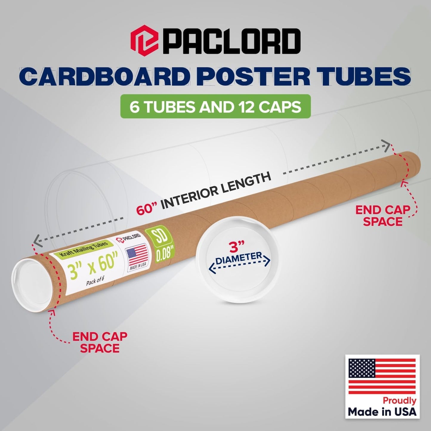 3" x 60" Reinforced Kraft Paper Mailing Tube, Pack of 6 Tubes with 12 Caps – Secure USPS Approved Poster Tube – Cardboard Tube for Shipping and Storing Posters, Prints, Artwork, or Documents
