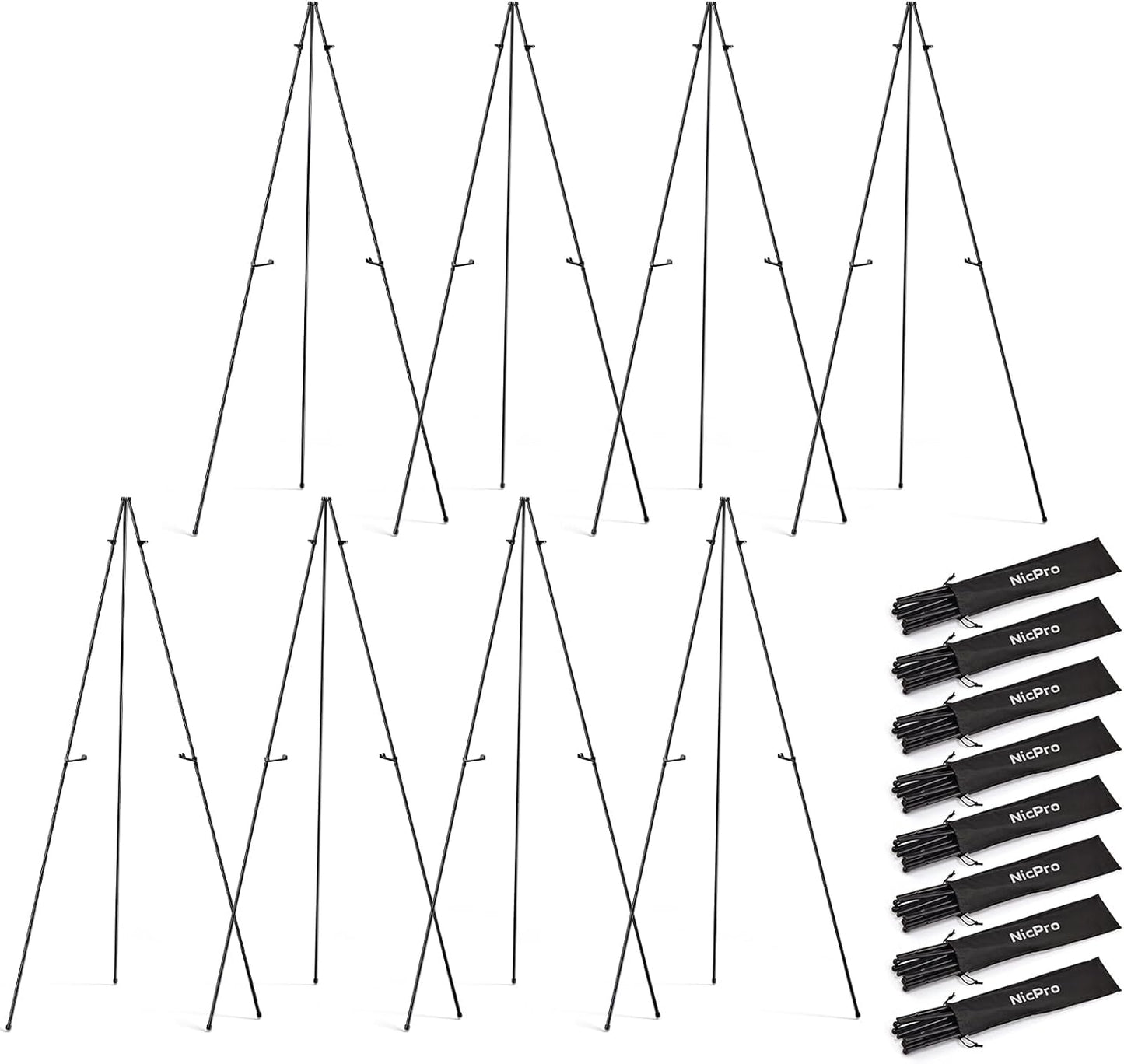 Nicpro Black Easel Stand for Sign, 8 Pack 63" Metal Portable Adjustable Collapsible Easels for Display, Painting, Poster, Wedding Sign with Carry Bag