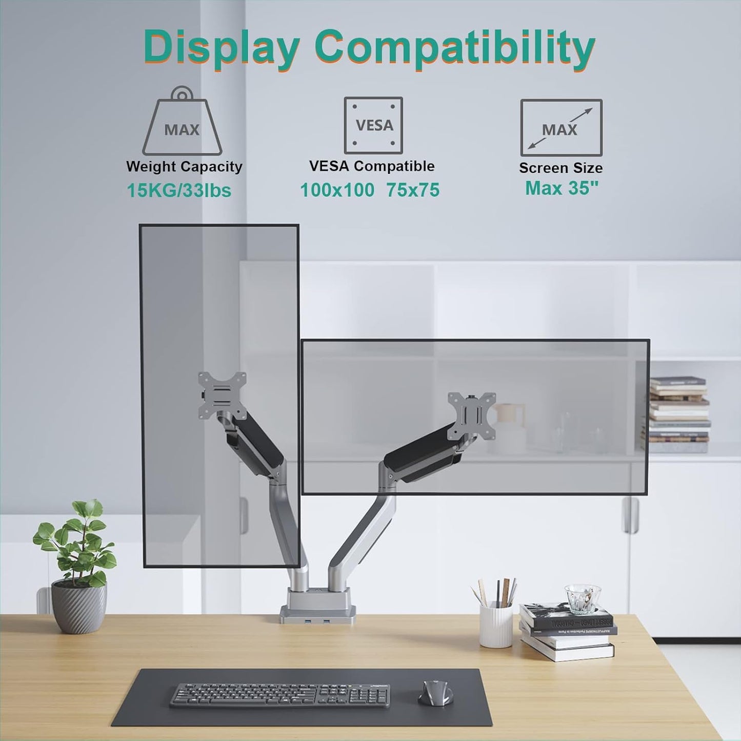 WALI Dual Monitor Mount, Monitor Arms for 2 Monitors, Fully Adjustable Gas Spring, with 2 Easily Accessible USB 3.0 Ports for Display Up to 35 Inch, 33lbs, (GSMU002), Silver