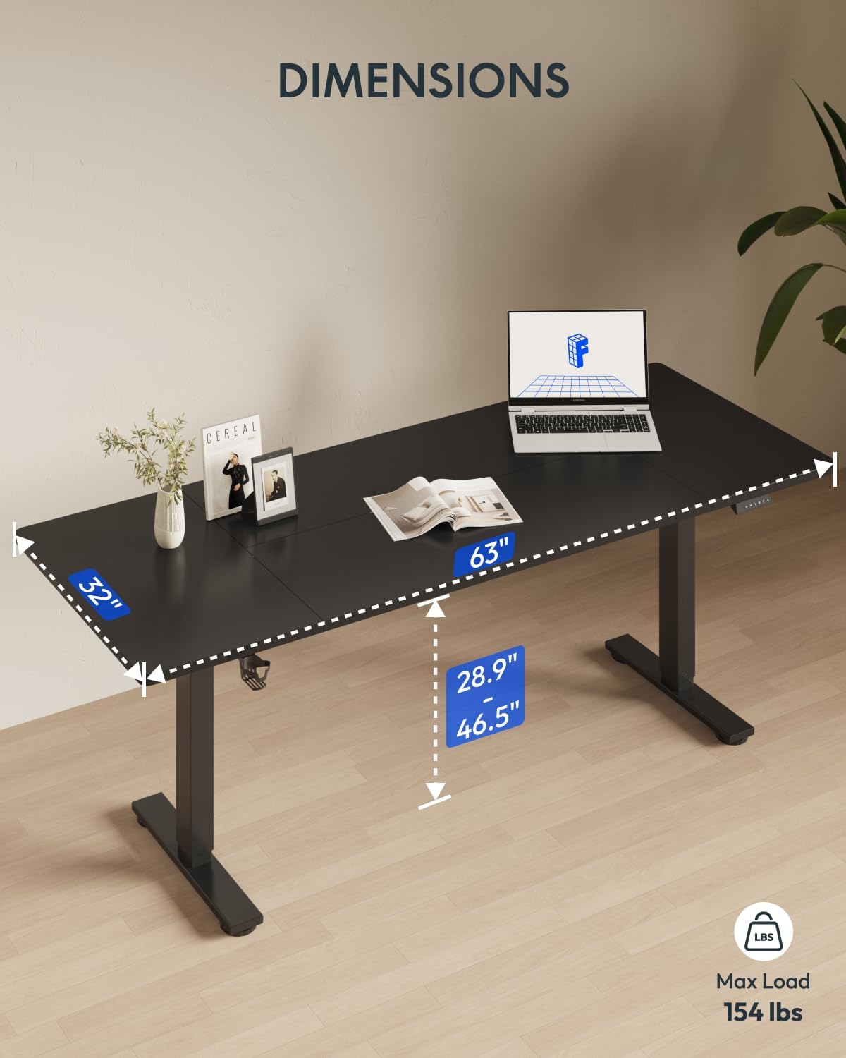 FLEXISPOT 63 x 32 Inch Large Standing Desk, Stand Up Desk with Splice Board, Rising Desks for Home Office, Office Desk with Cup Holder and Headphone Hook (Black Frame + Black Top, 2 Packages)