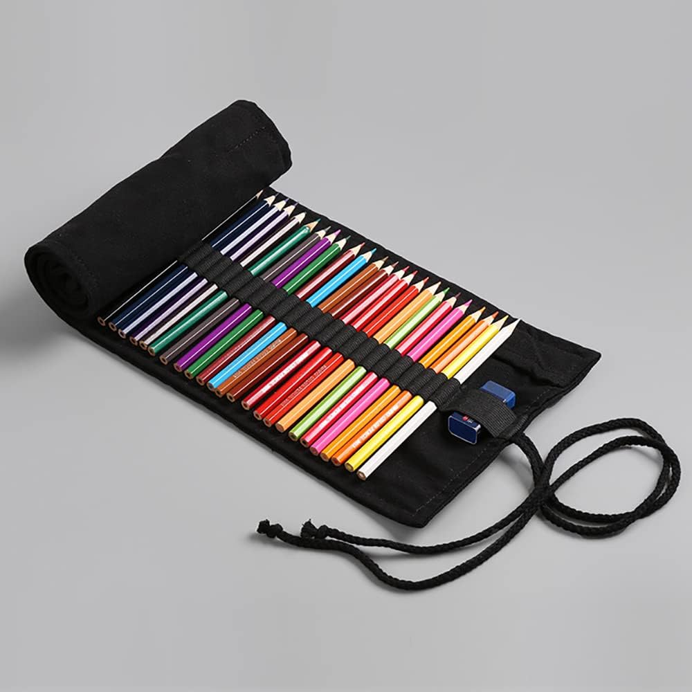 DIYOMR 24/36/72 Slots Pencil Wrap Pencil Rolls, Artist Colored Pencils Roll Up Bag Short Brushes Pouch Case Pencils Organizer for Drawing Coloring and Sketching (Black, 36slots)