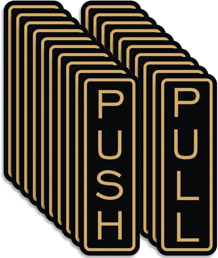 All Quality Classic Vertical Push Pull Door Signs - Great for Glass Doors | Professional Looking Signs | Easy Installation Includes Double-Sided Foam Adhesive Tape (Black/Gold) - Large (10 Pack)