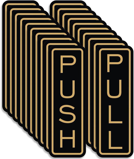 All Quality Classic Vertical Push Pull Door Signs - Great for Glass Doors | Professional Looking Signs | Easy Installation Includes Double-Sided Foam Adhesive Tape (Black/Gold) - Medium (10 Pack)