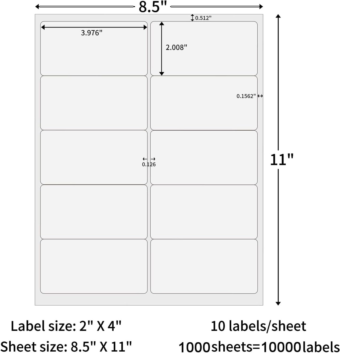 2" x 4" Shipping Labels,10 UP Address Labels,2x4 Label Sticker Paper for Laser/Inkjet Printer,Permanent Adhesive Mailing Label(1000 Sheets)