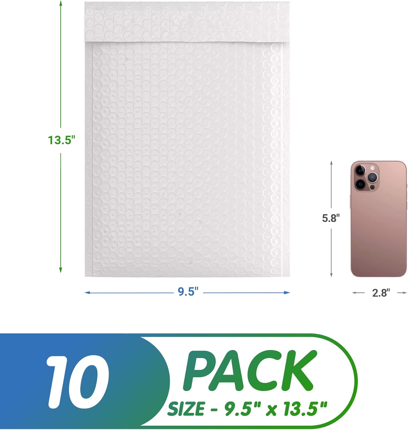 White Poly Bubble Mailers Self Seal, 9.5 x 13.5 Inch. Pack of 10 Bubble Packaging Envelopes for Shipping. Durable Padded Envelopes Waterproof. Self Seal Padded Mailers. Shipping Packages