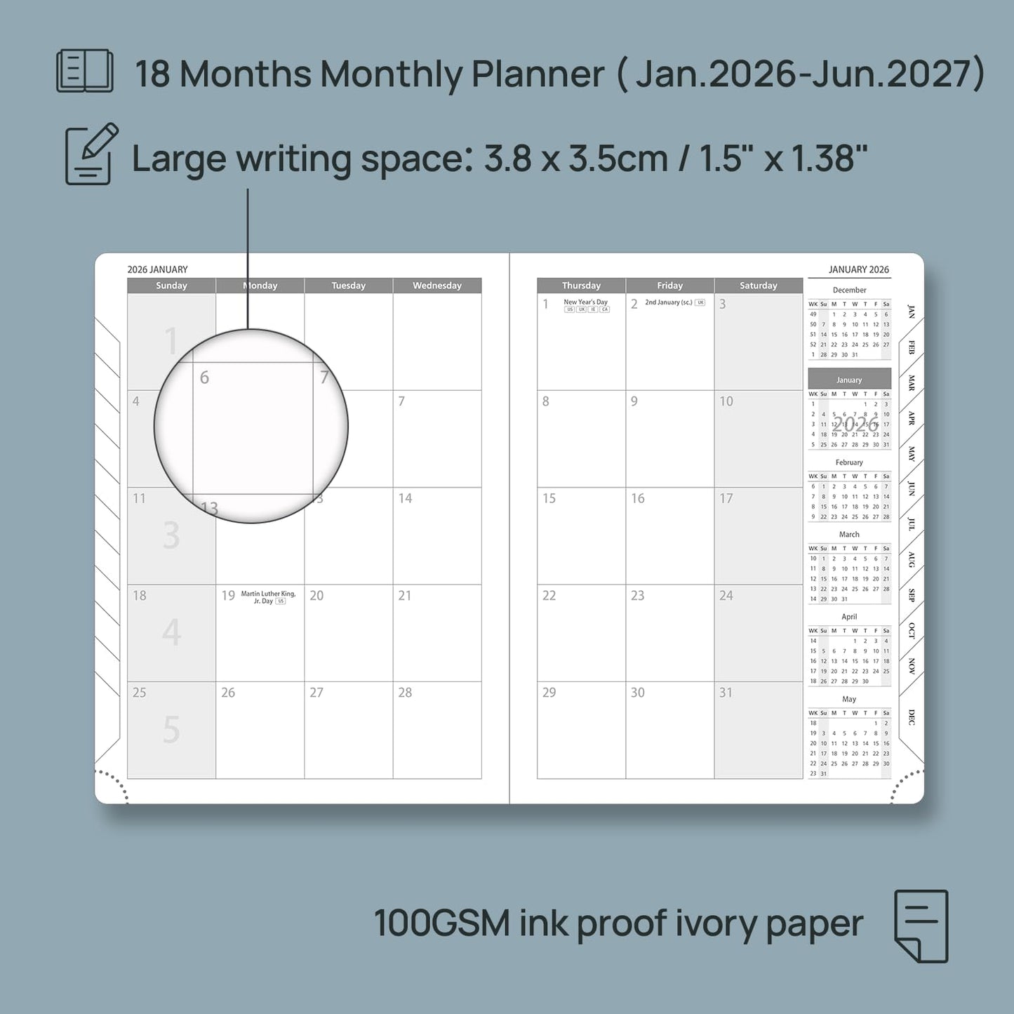 POPRUN Monthly Planner 2026-2027 (Medium- 6.5'' x 8.5'' Soft Cover), 18-Month Calendar Book (Jan.2026 - Jun. 2027), Calendar Planner with Monthly Tabs & Pocket, 100 GSM Paper - Brown
